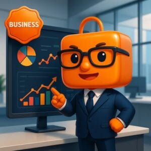 Shopy en costume avec des graphiques business – Offre Business Shopini